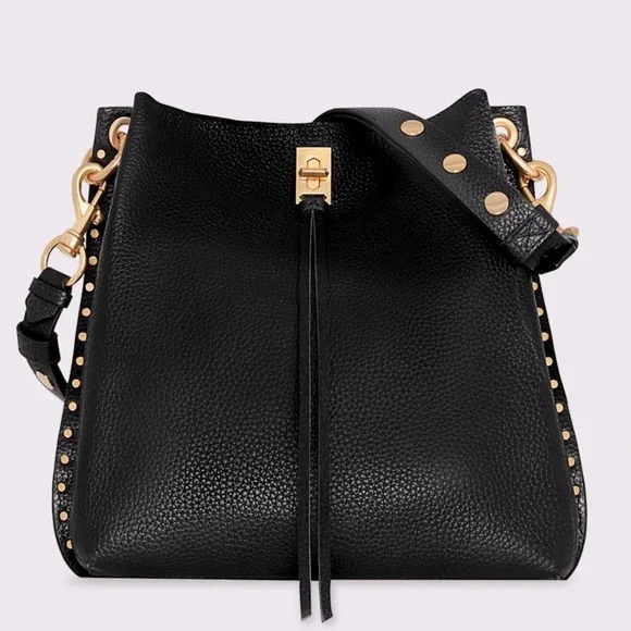 Rebecca Minkoff Black Pebbled Leather Darren Brass Studded Hobo - Picture 3 of 16